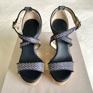 Jimmy Choo Portia 120 Wedge Sandals in Navy+Marble